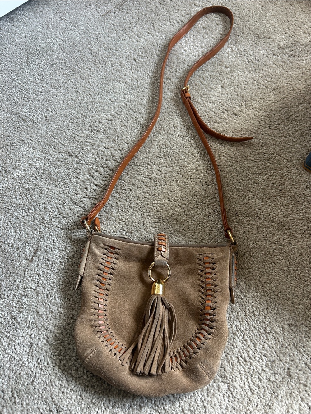 Ralph Lauren Tan Suede Crossbody Bag with Tassel